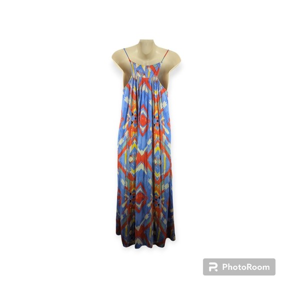 C&C California Boho Gauze Colorful Maxi Midi Dress Blue Ikat Abstract Swing S - Picture 2 of 6